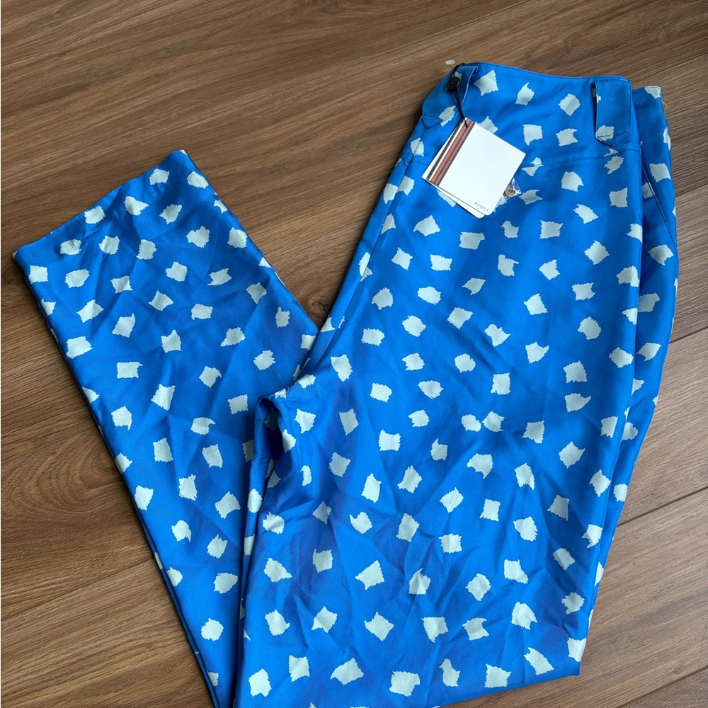NWT RAOUL Blue/White High Waist Tailored Trouser‎ Dress Pant 100% Silk MSRP $305